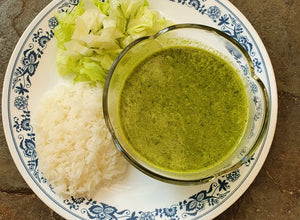 SPINACH AND PEA SOUP WITH GINGER AND SPRING ONIONS
